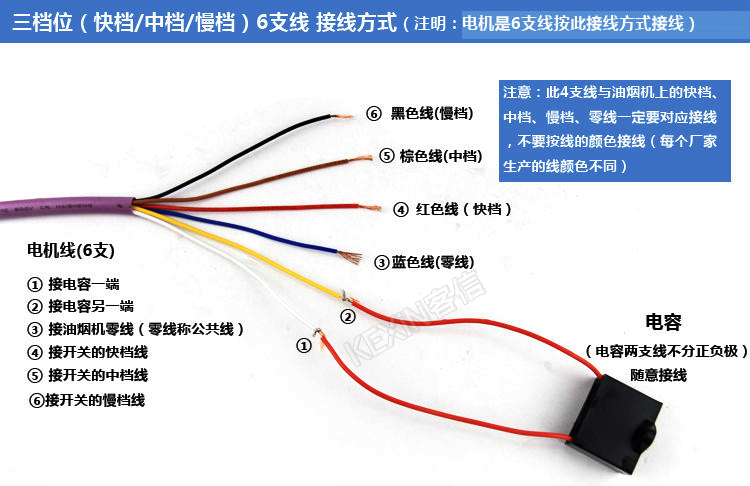 油烟机快中慢三档位电机6条线的电机接线方法